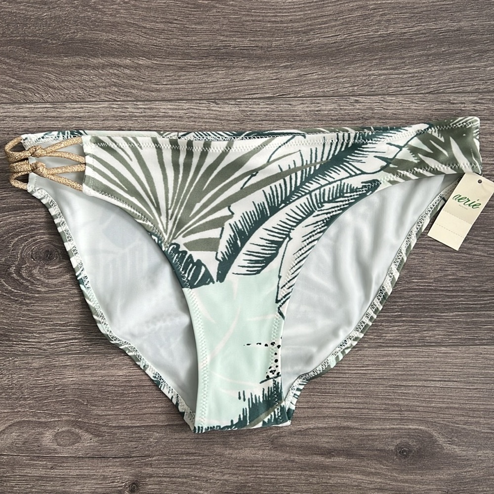 AERIE Classic Bikini Bottom Size Small Tropical Palm Print Green Metallic NWT